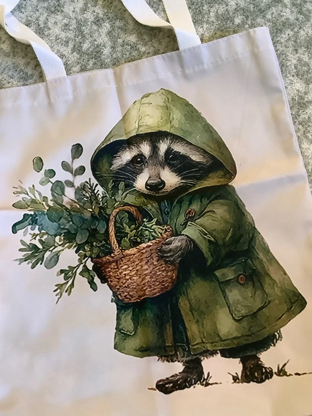 Foraging Raccoon Poly Canvas Tote Bag NWT 13.5x16”
